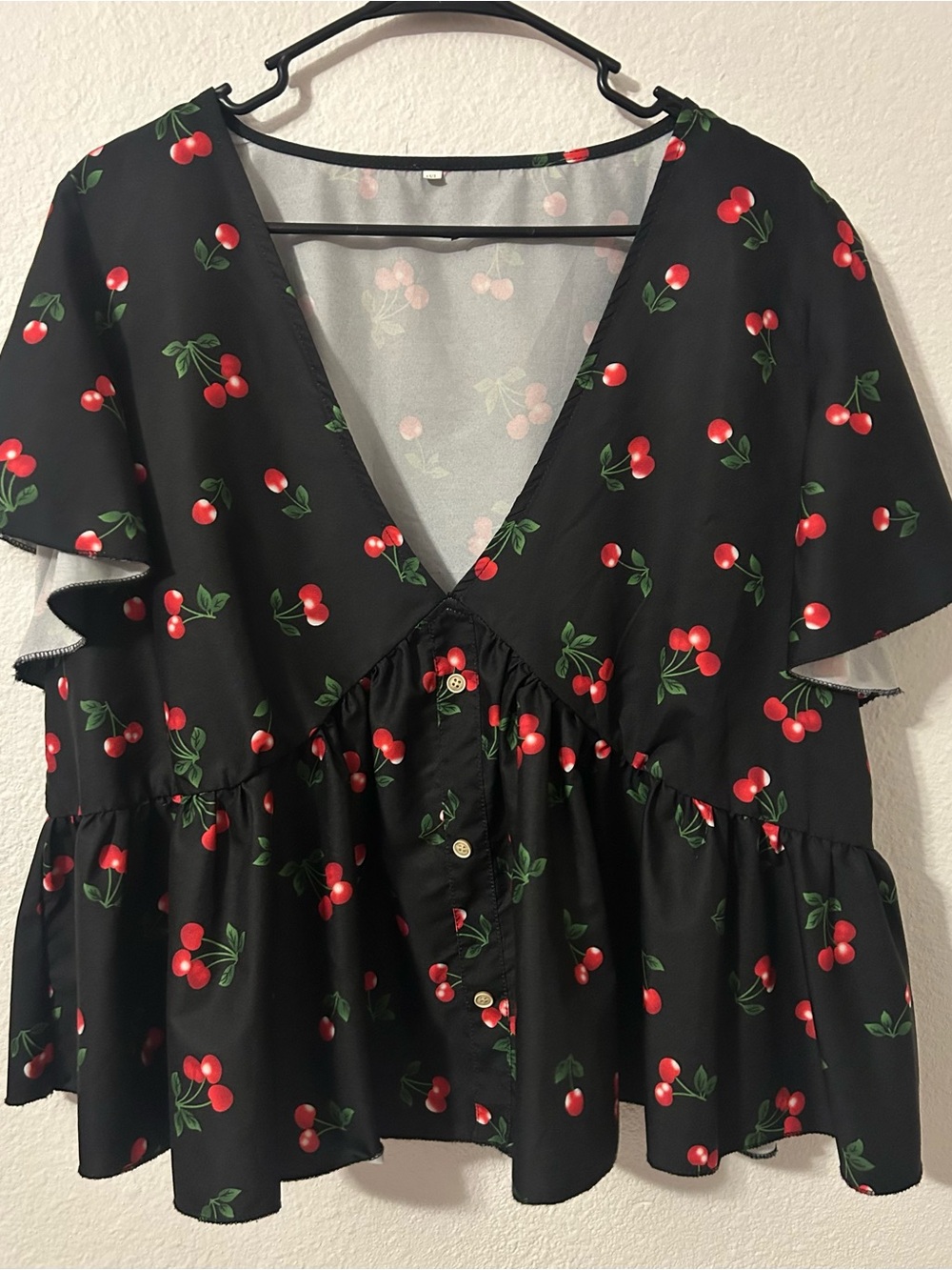 SHEIN Cherry Print Peplum Blouse - Black